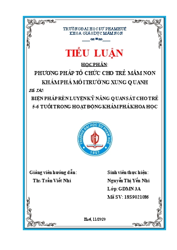 Tiểu luận Biện pháp rèn luyện kỹ năng quan sát cho trẻ mẫu giáo 5-6 tuổi khám phá khoa học