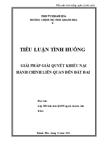 Tiểu luận Giải quyết tranh chấp - Khiếu nại hành chính liên quan đến đất đai: Thực tiễn áp dụng pháp luật và một số giải pháp