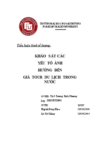 Tiểu luận Khảo sát các yếu tố ảnh hưởng đến giá tour du lịch trong nước