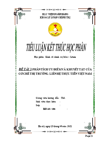 Tiểu luận Phân tích ưu điểm và khuyết tật của cơ chế thị trường. Liên hệ thực tiễn Việt Nam