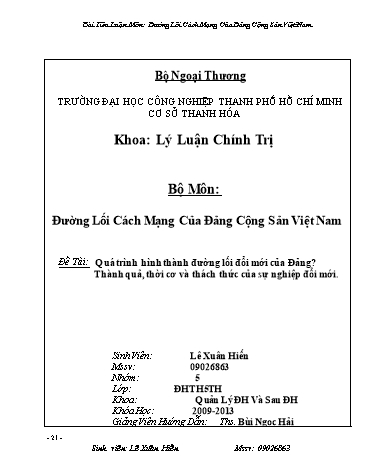 Tiểu luận Quá trình hình thành đường lối đổi mới của Đảng: Thành quả, thời cơ và thách thức của sự nghiệp đổi mới