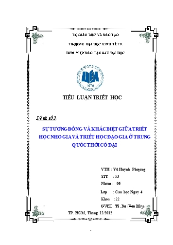 Tiểu luận Sự tương đồng và khác biệt giữa triết học Nho gia và triết học Đạo gia ở Trung Quốc thời cổ đại