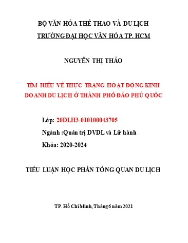 Tiểu luận Tìm hiểu về thực trạng hoạt động kinh doanh du lịch ở huyện đảo Phú Quốc