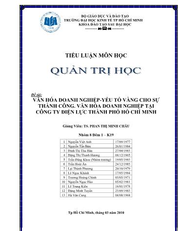 Tiểu luận Văn hóa doanh nghiệp: Yếu tố vàng cho sự thành công. Văn hóa doanh nghiệp tại Công ty Điện lực Thành phố Hồ Chí Minh