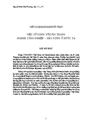 Tiểu luận Việc sử dụng vốn FDI trong ngành công nghiệp và xây dựng ở nước ta