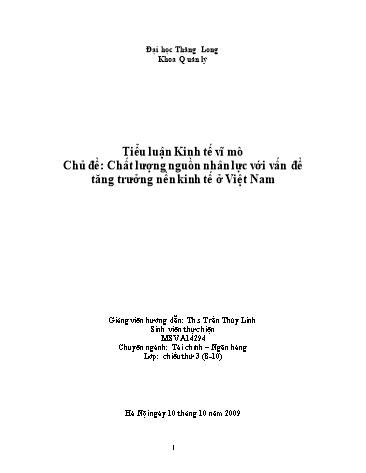 Tiểu luận Chất lượng nguồn nhân lực với vấn đề tăng trưởng nền kinh tế ở Việt Nam - Trần Thùy Linh