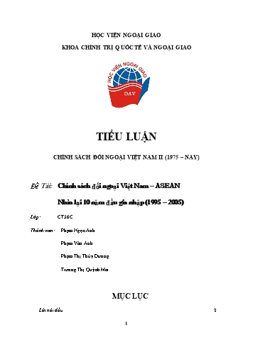 Tiểu luận Chính sách đối ngoại Việt Nam - ASEAN. Nhìn lại 10 năm đầu gia nhập (1995-2005)