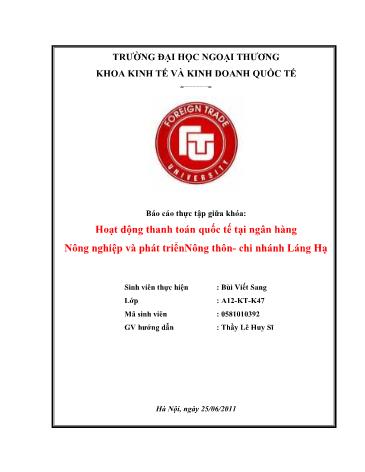 Tiểu luận Hoạt động thanh toán quốc tế tại Ngân hàng Nông nghiệp và Phát triển Nông thôn - Chi nhánh Láng Hạ