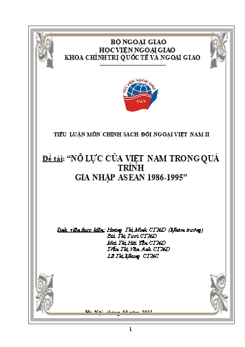 Tiểu luận Nỗ lực của Việt Nam trong quá trình gia nhập ASEAN 1986-1995