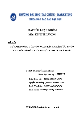 Tiểu luận Sự ảnh hưởng của vốn ngân sách Nhà nước & vốn vay đối với đầu tư khu vực kinh tế nhà nước