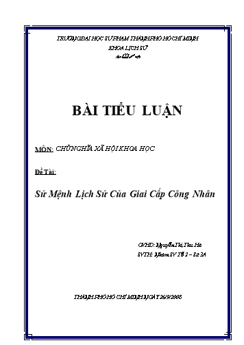 Tiểu luận Sứ mệnh lịch sử của giai cấp công nhân