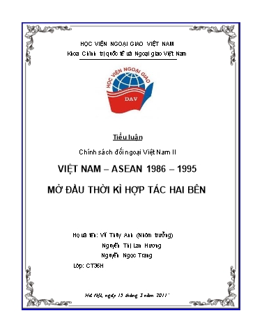 Tiểu luận Việt Nam - ASEAN năm 1986-1995 mở đầu thời kì hợp tác hai bên